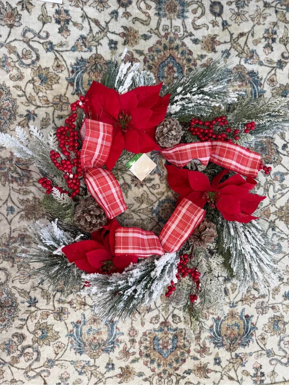 New Large Frosted Poinsettia Christmas Holiday Wreath Red Plaid Ribbon